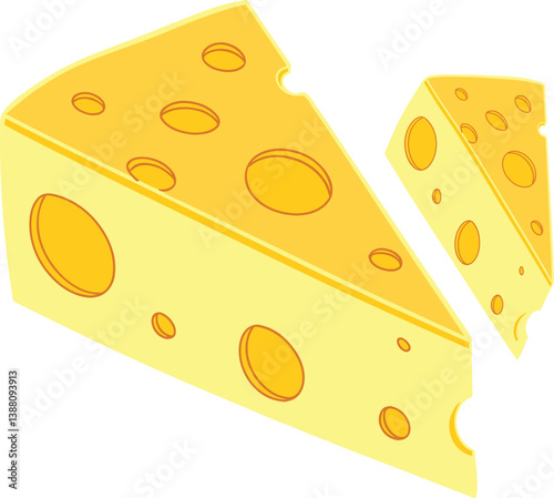 Cartoon Cheese Slice vector Illustration. Yellow Swiss Cheese with Holes, Fun Dairy Graphic for Food Art, Kids Menus, Recipe Icons, Stickers and Culinary Design Projects isolated on a white background