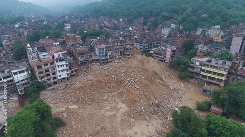Aerial view of a destroyed urban area after a landslide.  Damaged buildings and debris cover a large section