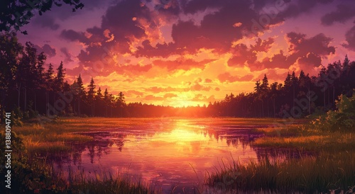 A beautiful sunset over a tranquil lake surrounded by forest trees