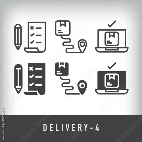 Contract, location delivery and computer shipping. Simple linear and flat delivery icon set.