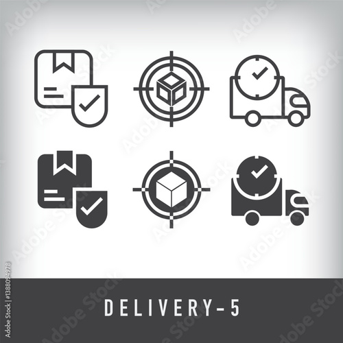 Safe cargo, destination and on time delivery design. Simple linear and flat delivery icon set.