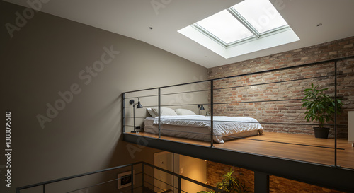 Stylish Loft Bedroom with Mezzanine Level Skylight and Exposed Brick Wall