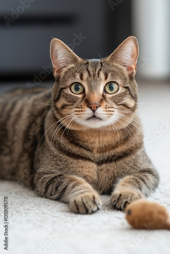 Friendly tabby cat relaxing indoors with toy on carpet