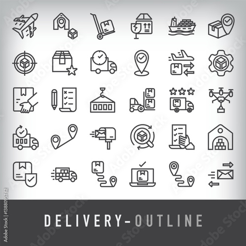 Simple set of 30 linear delivery company icons. Load, destination, transportation and cargo ship design.