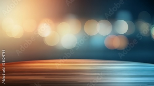 A soft-focus background with warm and cool bokeh lights creating a dreamy ambiance over a wooden surface.