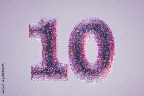 Glittery number ten in pink and purple tones with grainy texture effect on soft lilac background, creating dreamy retro aesthetic for anniversary designs.