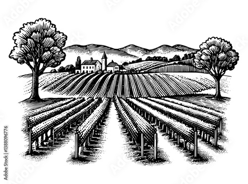 A black and white woodblock print depicting a vineyard in a valley black and white vintage wine label