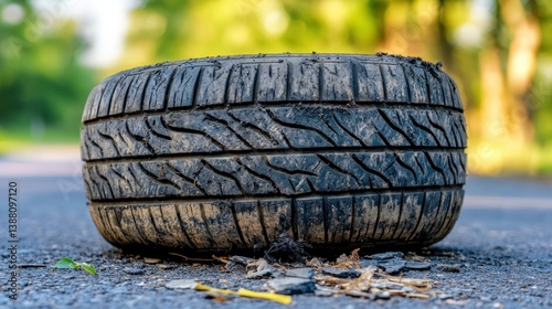 Worn-out tire discarded on asphalt
