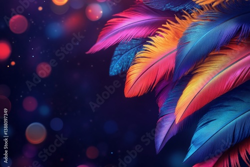 Vibrant Colorful Feathers Against a Dark Background With Festive Bokeh Lights Creating a Magical Atmosphere