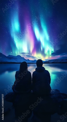 Couple silhouetted against spectacular northern lights display over mountain lake, vibrant aurora borealis in blue, purple and green colors reflecting on calm water.