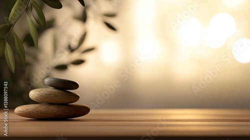 Three smooth stones stacked on a wooden surface, surrounded by gentle foliage and a soft, blurred background.