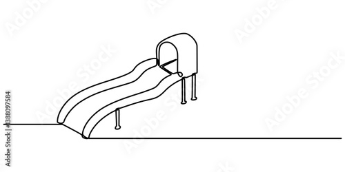 continuous single line drawing of toddler on slide, playground line art vector illustration, continuous single drawn one line riding a playground with a slide painted by hand picture silhouette. 
