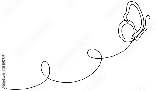 Butterfly flying continuous line art drawing. Cute butterfly insect with curve line. Vector illustration isolated on white.	
