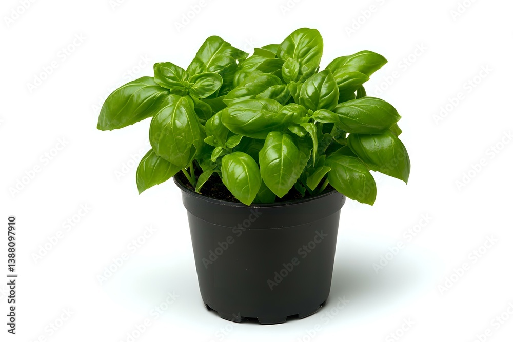Fresh basil plant with bright green aromatic leaves growing in black plastic pot, isolated on white background for gardening and culinary designs. Fresh basil plant with bright green aromatic leaves growing in black plastic pot, isolated on white background for gardening and culinary designs.