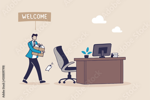 Start new job, onboarding new hire or begin career position, employee move to new office or opportunity, employment and recruitment concept, businessman starting new job walk to welcome office desk.