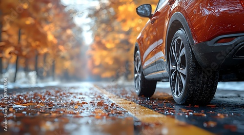 Fototapeta Naklejka Na Ścianę i Meble -  Orange crossover SUV on wet autumn road with fallen leaves, low angle view focusing on wheel and tire against blurred fall foliage background in golden colors.
