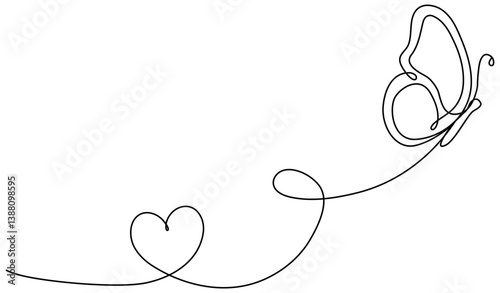 Butterfly flying continuous line art drawing. Cute butterfly with curve line and heart shape. Vector illustration isolated on white.