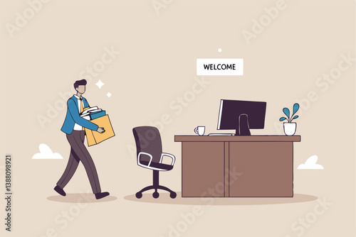 Start new job, onboarding new hire or begin career position, employee move to new office or opportunity, employment and recruitment concept, businessman starting new job walk to welcome office desk.