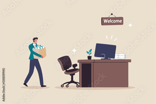 Start new job, onboarding new hire or begin career position, employee move to new office or opportunity, employment and recruitment concept, businessman starting new job walk to welcome office desk.