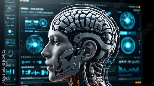 A profile of a humanoid robot head with exposed mechanical parts, set against a digital interface background, representing artificial intelligence and advanced technology.