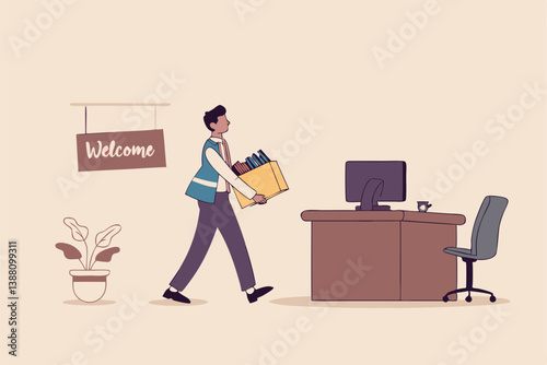 Start new job, onboarding new hire or begin career position, employee move to new office or opportunity, employment and recruitment concept, businessman starting new job walk to welcome office desk.