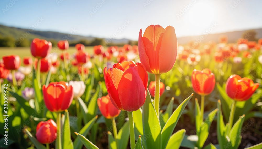Vibrant red tulips swaying in the breeze on sunny afternoon, serenity Vibrant red tulips swaying in the breeze on sunny afternoon, serenity