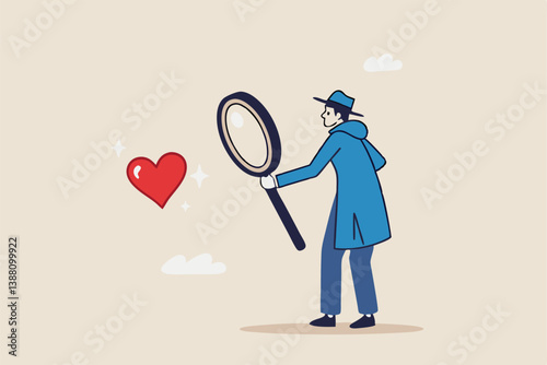 Find your passion, discover, search for happy career, job or purpose, motivation or inspiration to success, happiness or opportunity concept, detective look magnifying glass with heart shape passion.