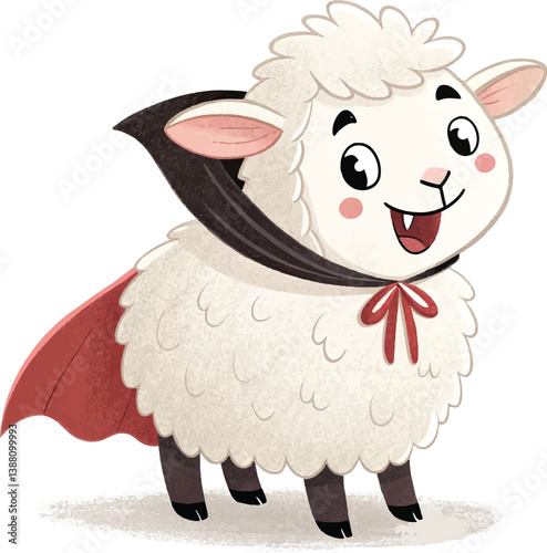 Cartoon illustration of a cute sheep character with a smile, surrounded by farm animals like cows, pigs, and lambs, in a fun and happy style, showcasing nature and wool