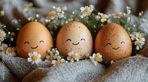 Decorative Eggs With Cheerful Faces and Flowers on Soft Fabric