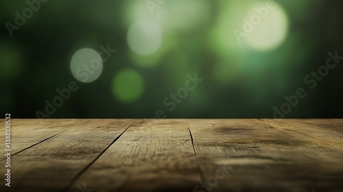 A wooden tabletop with a blurred green background, creating a serene and natural atmosphere.