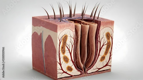 A 3D rendered skin cross-section with hair follicles and internal features, set against a light background. The design suggests medical science and biological visualization.