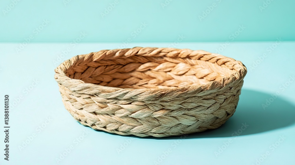 Fototapeta premium Round basket with flat base on soft turquoise background