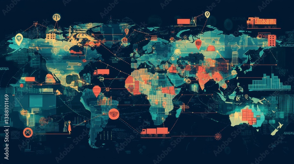 Obraz premium Global connectivity map showcasing trade routes digital world infographic design modern technology aerial view global economy
