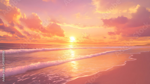 An isolated beach at sunset with the sky ablaze in golden and pink tones, the calm waves reflecting the vibrant hues of the sky.