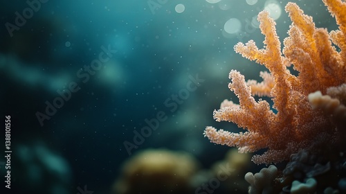 Vibrant coral reef in serene underwater environment, showcasing intricate textures and colors in a tranquil blue backdrop.