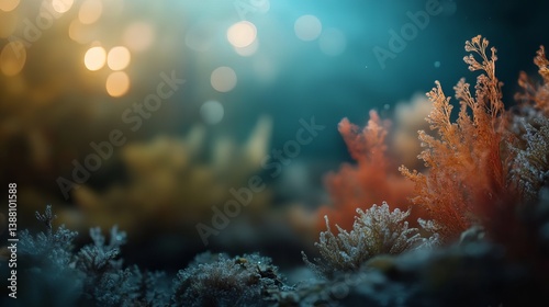 Vibrant underwater scene featuring colorful coral and soft lighting, creating a serene, ethereal ambiance.