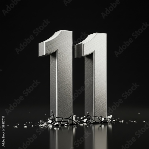 Metallic Number Eleven Standing on Cracked Surface with Dark Background