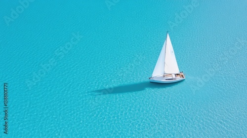 A white sailboat with a full sail glides on tranquil turquoise water. The image is simple, featuring only the boat and the water. High resolution, with bright natural lighting. The style is serene a photo