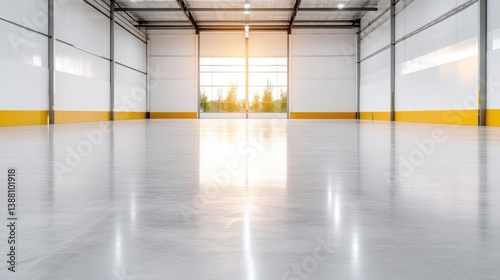 Warehouse Interior with Yellow Accents Modern Industrial Style Bright Sunlight Wide Angle Shot Polished Concrete Floor Empty Space Clean Bright Commercial Real Estate