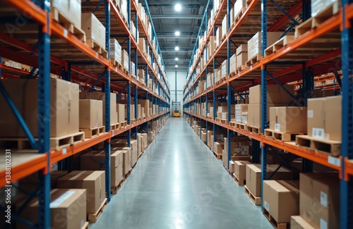 Modern automated high rack warehouse. Distribution center with high shelves full of boxes. Industrial building. Logistic company. Indoor storage. Pallets with products and goods. Forklift at the end.