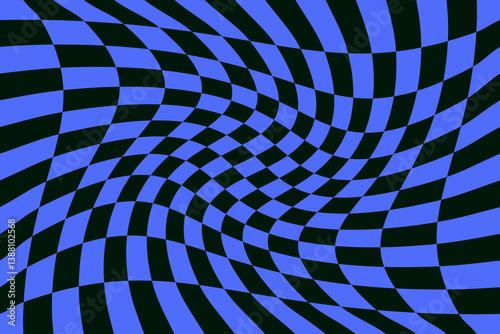 Wavy checkered pattern, wave cover design background. Abstract optical illusion with hypnotic effect. Grid in black and blue colors