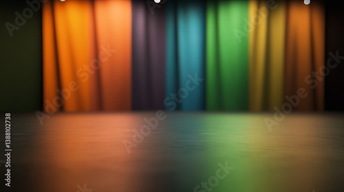 A vibrant backdrop of colorful drapes in warm tones creates an inviting atmosphere for artistic endeavors.