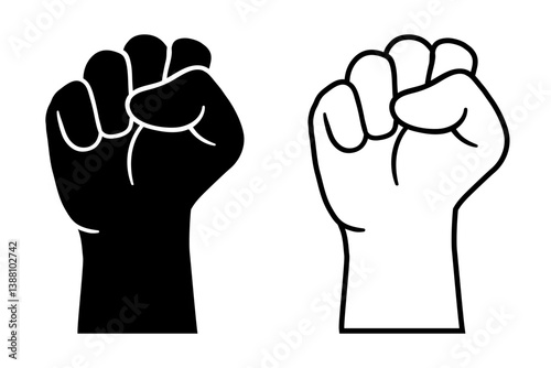 Fist Icon. Hand up concept of revolution or protest, raised fists, clenched fist hand. Raised fist - symbol of victory, protest, strength, power and solidarity icon, fight for rights