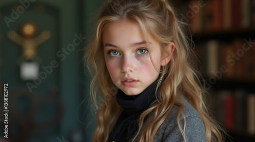 Wallpaper Mural Captivating portrait of a young blonde girl with blue eyes and gentle gaze in a home library Torontodigital.ca