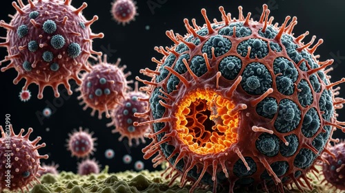 A cluster of viral particles with detailed surface structures and protruding spikes. The design suggests a scientific or medical context related to microbiology.
