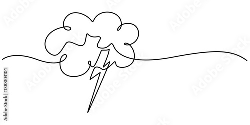 Continuous one line drawing of thundercloud and lightning symbol. Vector illustration, Concept of sadness in inclement weather, depression, stress, Single line vector illustration element. Anxiety pro