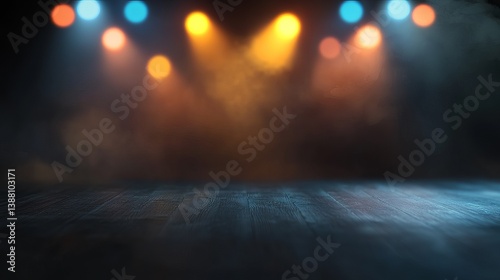 A dramatic stage scene with vibrant lighting highlighting the wooden floor, creating an atmosphere of anticipation.