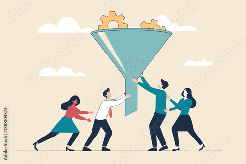 Marketing funnel or sales conversion, people or employee management, meeting brainstorm for new idea, customer purchase pipeline concept, people in sales and marketing funnel with lightbulb outcome.