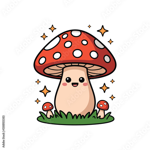 Cute Happy mushroom cartoon Sticker icon with sparkling on Grass Vector Illustration for kids apparel and Learning books.
