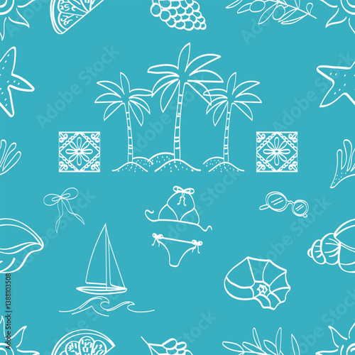 Summer seamless pattern with hand drawn sun, palm trees, fruits and yacht. Summer vacation and travel concept. Vector flat illustration.